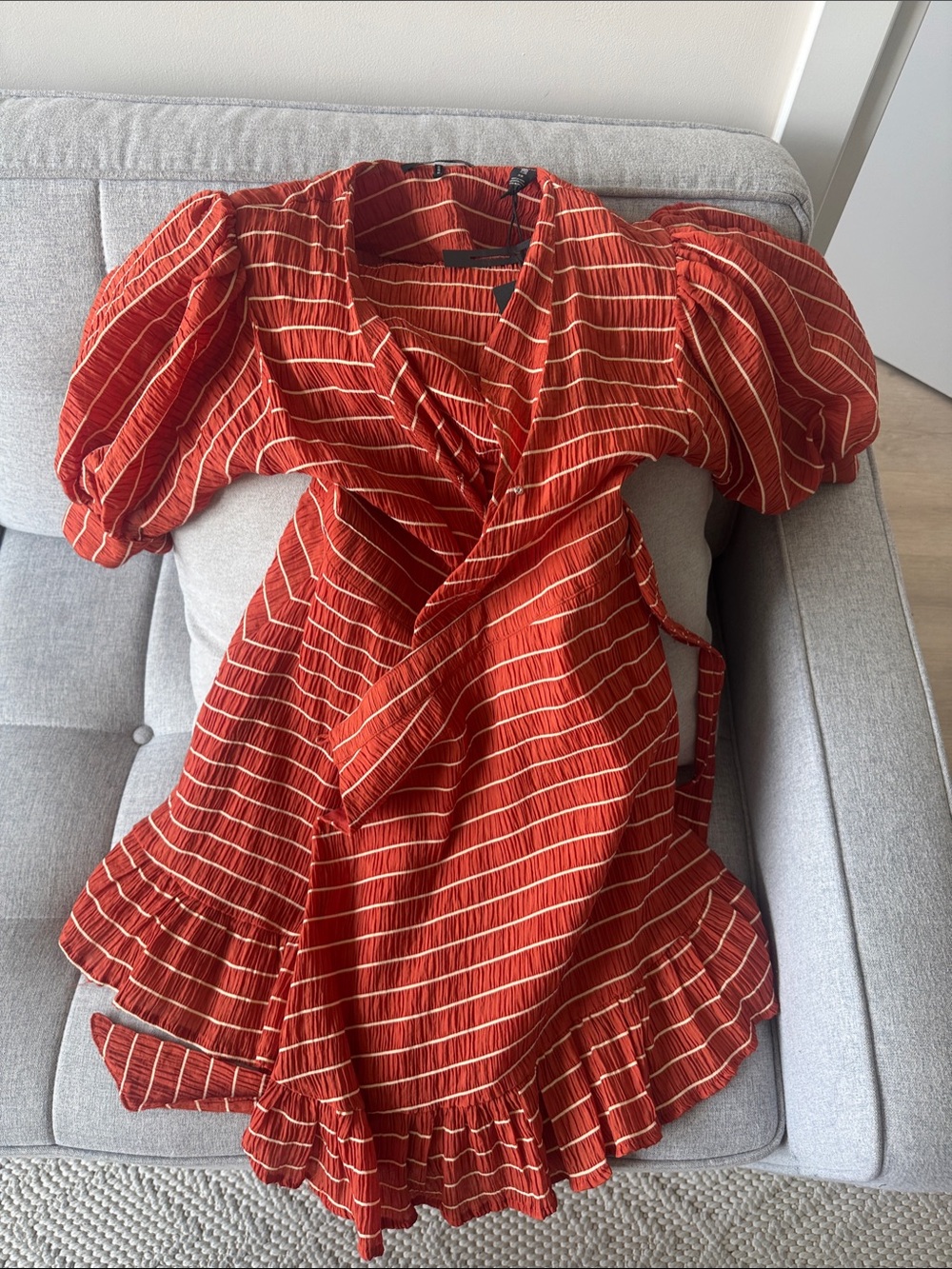 Scotch and Soda Rust Stripe Wrap Dress with Puff Sleeves